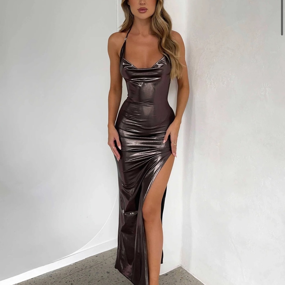 Brown Bodycon Maxi Dress with Slit Spaghetti Straps